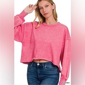 NEW! Zenana Acid Wash Fleece Cropped Pullover, Size Small 24” P2P
